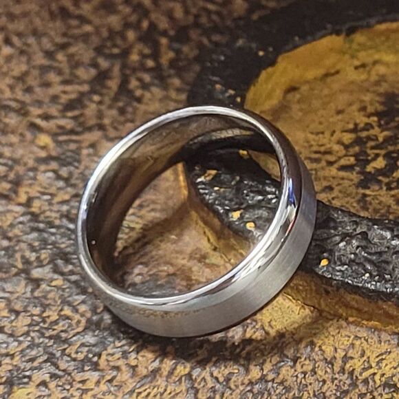 Engraved Men's Real Two Tone Silver Tungsten Wedding Ring Polished Matte Silver - Picture 6 of 8